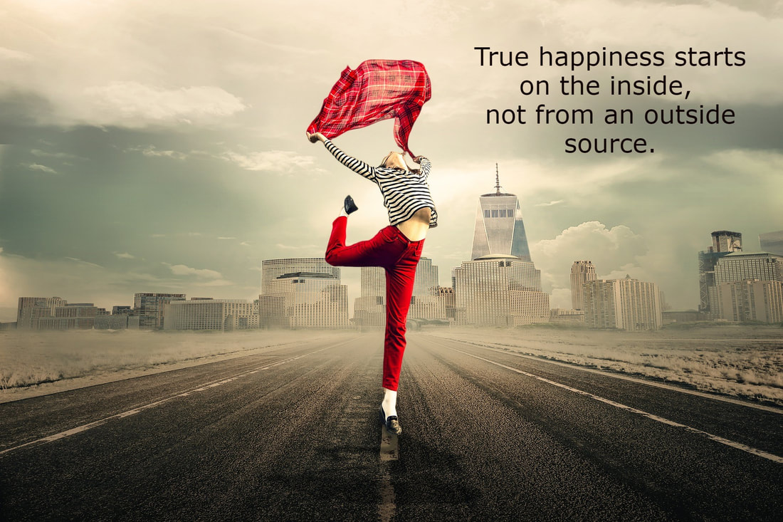 This picture shows a woman standing in the street happy, the picture also has text on it.  The text says, true happiness starts on the inside, not from an outside source.